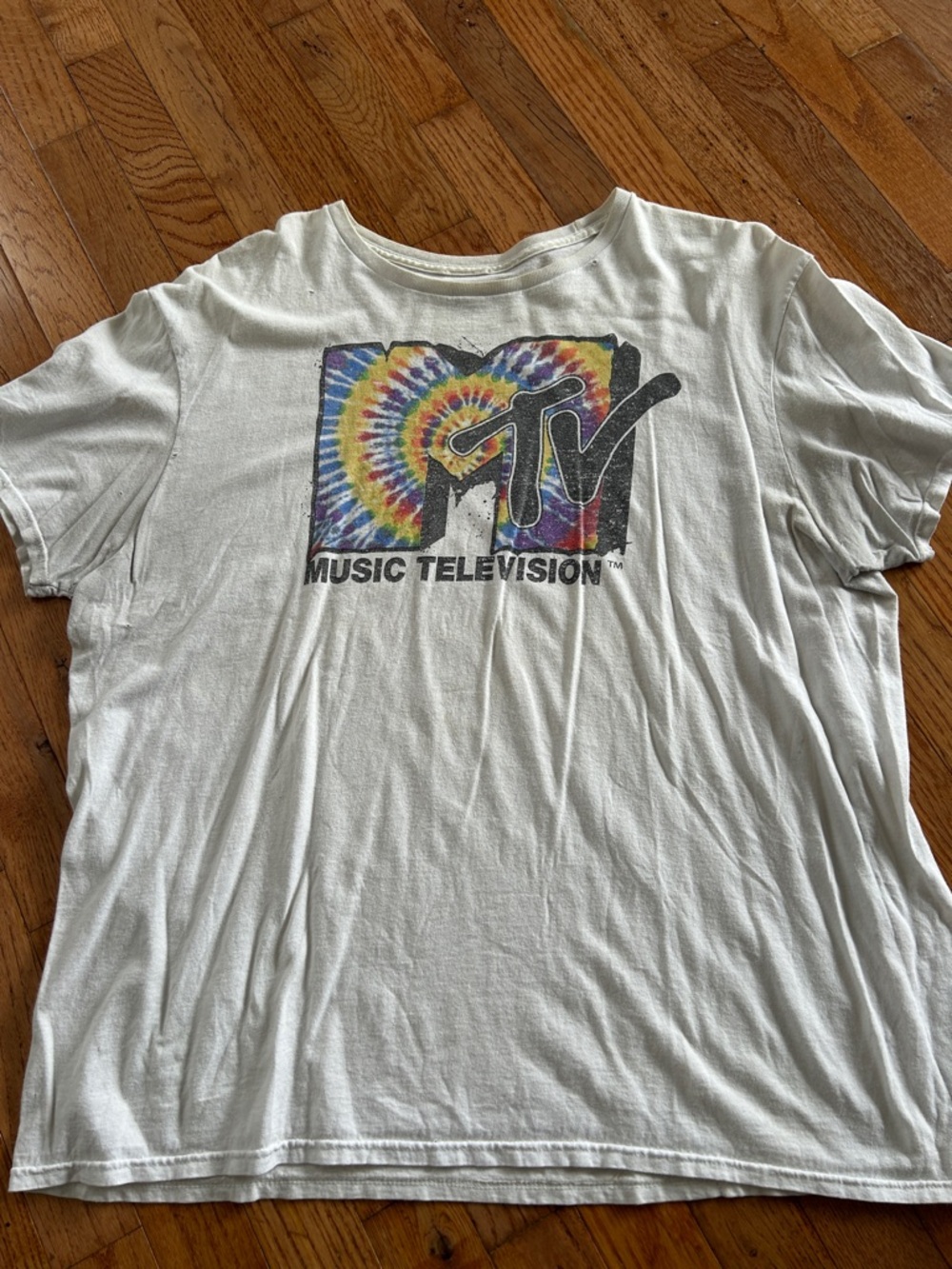 MTV White Tee with Rainbow Tie-Dye Logo
